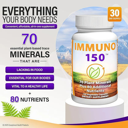 Immuno 150, Immune Support Supplement, Packed with 70 Plant Minerals, 13 Essential Vitamins and 68 Additional Nutrients-150 Vegetable Capsules- Immune Boost for All Age Groups IMMUNO 150